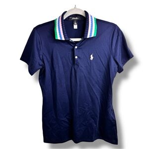 Ralph Lauren RLX Golf Navy Polo Ribbed Knit Striped Collar Tennis Prep